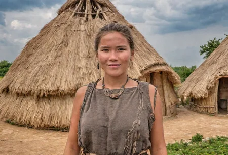 photograph,a beautiful neolithic woman in front of a neolithic hut, background a neolithic village,  high quality photography, 4k, Canon EOS R3, hdr, smooth, sharp focus, high resolution, award winning photo,