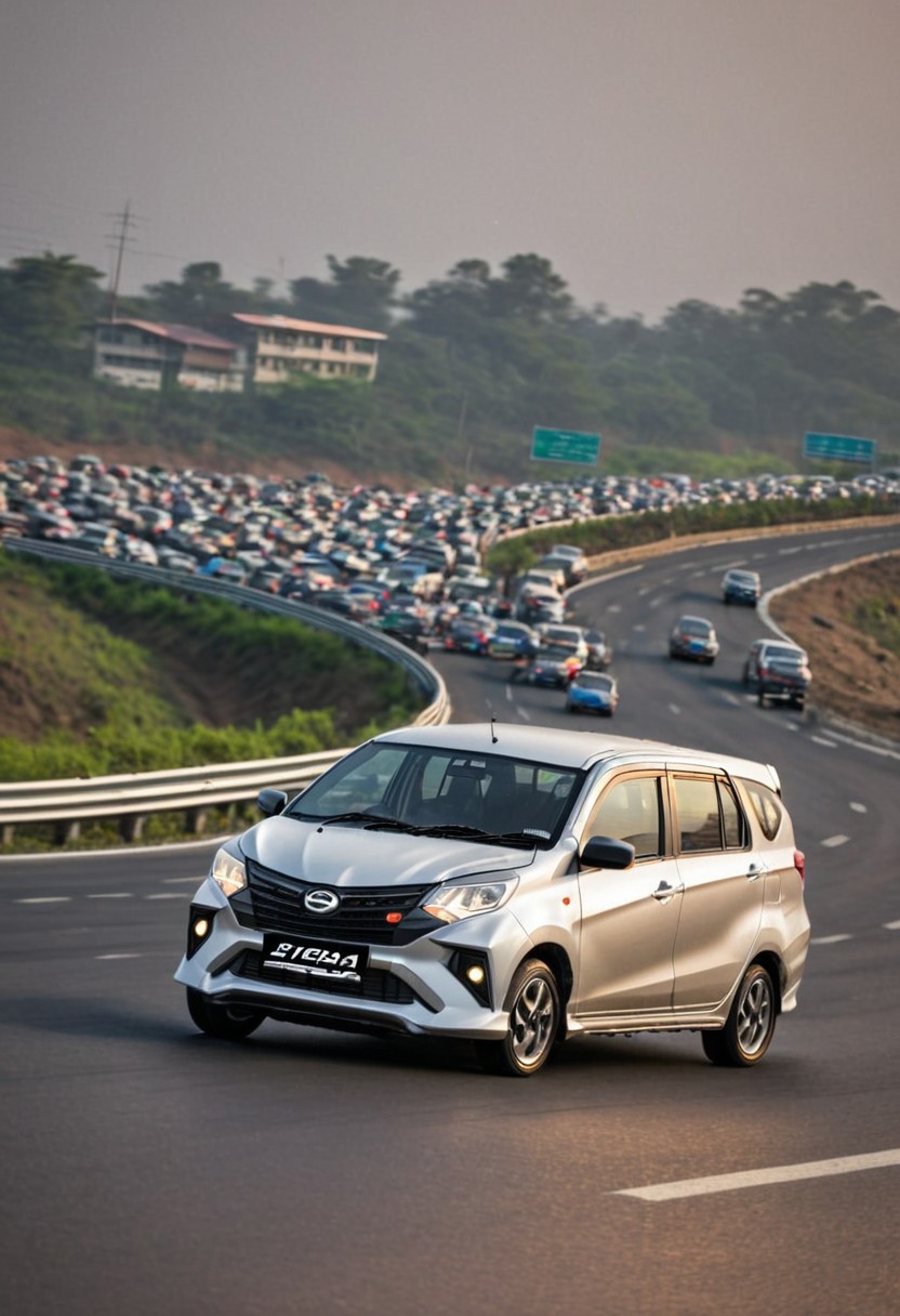 high resolution, best quality, Car, Daihatsu Sigra, Highway, evening rush hour, heavy traffic,