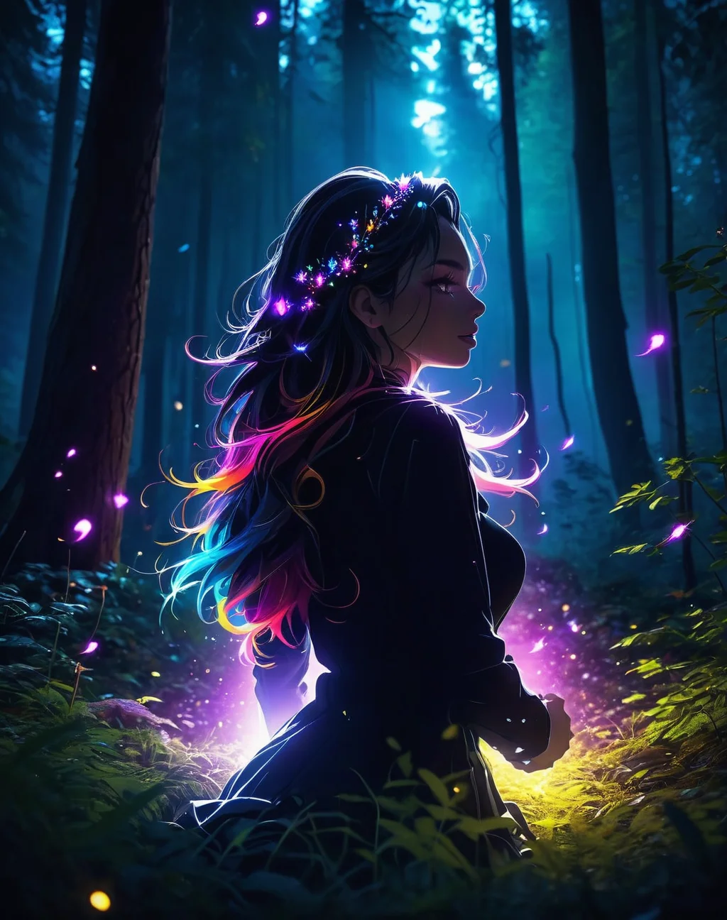 <lora:Dark_Aura_XL_-_Filled_with_miasma:1> dark aura, dynamic angle, 8K, HD, light particles floating, kneeling in the forest watching spirits, eerie aura, chromatic aberration, colorful forest lights during night time, oily skin,dynamic angle, colorful glowing flowers, night,hair ornament, intrincate clothing, sexy
