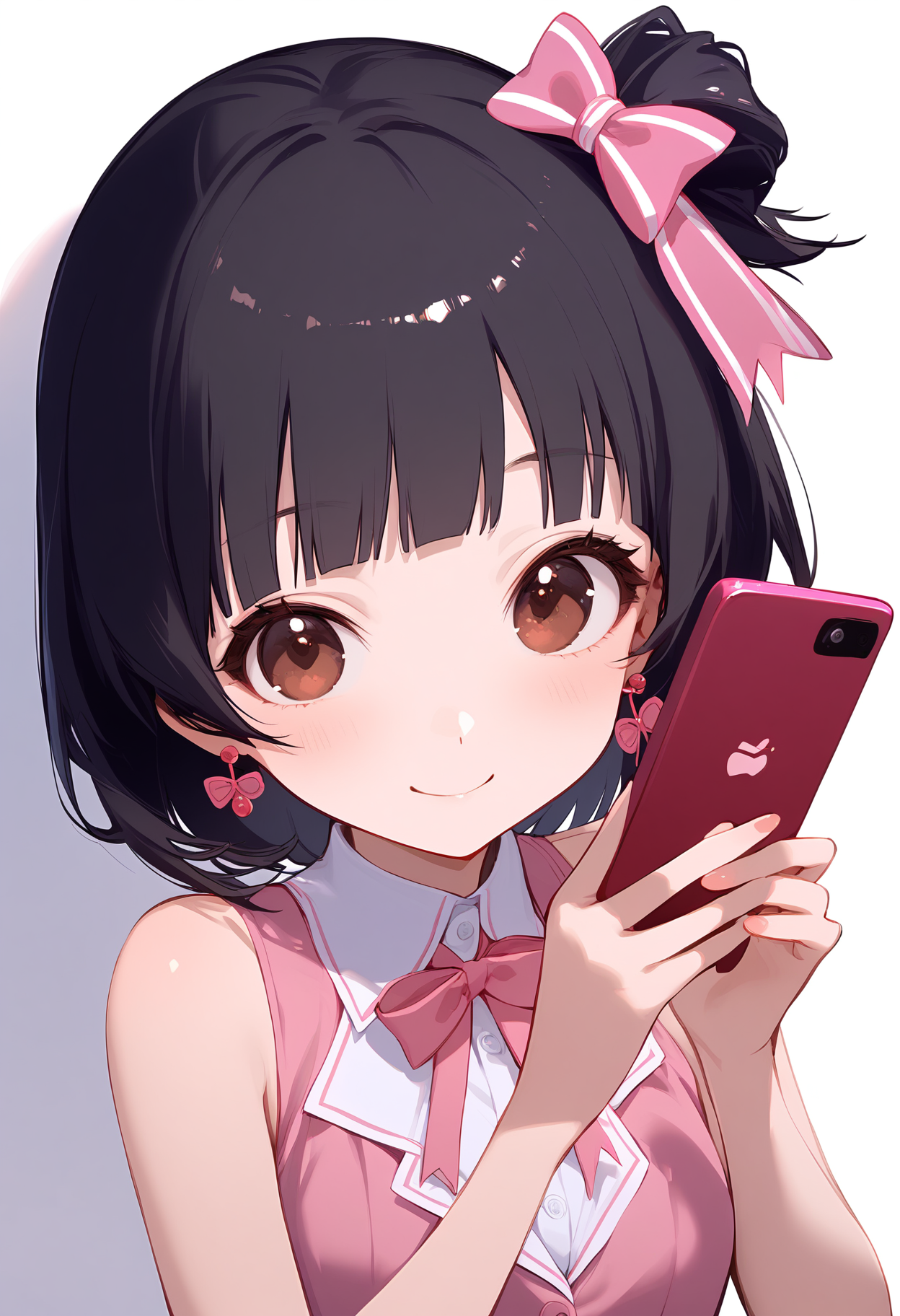 1girl,
nakatani iku,


blush, holding, bare shoulders, sleeveless shirt, looking at viewer, simple background, blunt bangs, collared shirt, hand up, white background, brown eyes, ribbon, jewelry, holding phone, one side up, bow earrings, short hair, black hair, hair ribbon, phone, hair ornament, shirt, smile, smartphone, earrings, pink shirt, bow, upper body, solo, pink ribbon, closed mouth, cellphone, sleeveless,

sfw
<lora:a31_char_new_nakatani_iku-000018:1> <lora:a31_style_koni-000010:0.8>