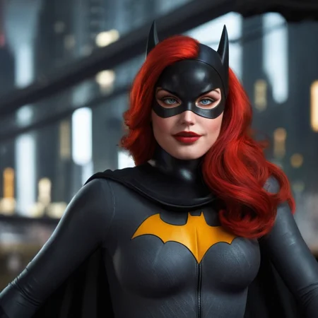 Hyperrealistic art of  <lora:Batman The Animated Series Style:1.2>
In Gotham City a woman with red hair wearing a batwoman mask Batman The Animated Series Style, Extremely high-resolution details, photographic, realism pushed to extreme, fine texture, incredibly lifelike