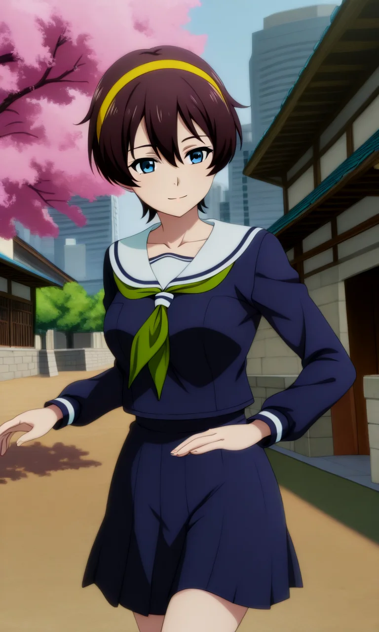 Yuu_School, 1girl, brown short hair, hair between eyes, blue eyes, medium breasts, collarbone, yellow hairband, serafuku, green neckerchief, sailor collar, dark blue serafuku, long sleeves,
, City gym with cherry blossom trees in the courtyard, light smile, Mimicking a ballet pose , <lora:Yuu_IL_NoobAI-000008:0.6>