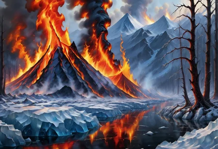 Fire and ice depicted in close proximity, emphasizing the contrast between them.
Use warm and cool colors to emphasize the contrast in temperature.
Fire and ice textures should be distinct and contrast with each other.
Dynamics:
The image should show movement and energy, symbolizing the struggle between the two elements.
Fire can be seen spreading and ice can crack or melt.
Dynamic lines and shapes can be used to emphasize movement.
Symbolism:
The image can symbolize various concepts, such as:
The fight between good and evil
The power of nature
Change and transformation
The cycle of life and death
Scenes:
Fire and ice clashing in a natural environment, for example:
An erupting volcano surrounded by glaciers
Molten lava flowing down an icy slope
Forest fire raging among snowy forests
Fire and ice used in a human context, for example:
Blacksmith working with red-hot metal
Emotion:
Fear and excitement
Beauty and majesty
Calm and reflection
Use colors, composition and lighting to convey the desired emotion.