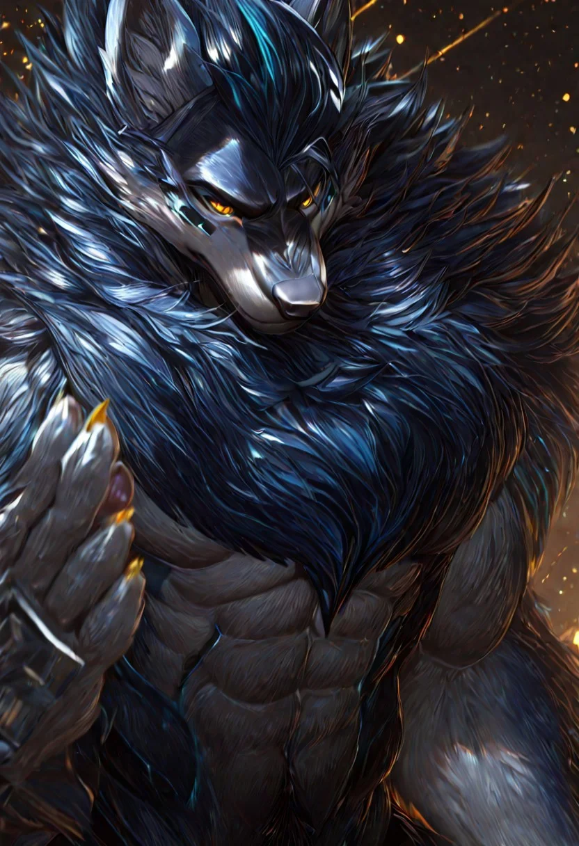 Canine paws, 4toes, claws, detailed paws, [color] paws, w0lfmc, wolf, CP2077 Style, Furry Cyberpunk, Fursuit, Martial Art Magic, Magnificent picture of perfect anatomy, furry, male, Wolf, fluffy fur, fluffy, furry body, Yellow Eyes, Black pupils, Animal ears, Wolf Ears, black tip ears, ((Blue Body Fur)), Fluffy tail, wolf Tail, ((Blue Tail Fur)), ((White tip Tail)), midnight_lycanroc head, multicolor hair, long hair, Blue hair, long fluffy mohawk hair, (long peak finish:1.3), (Aqua peak finish:1.3), ((Navy Blue Highlights)), white Muzzle, white forearms, ((Black stripes:1.5)), ((arms stripes:1.5)), ((legs stripes:1.5)), Whiskers, perfect Hands, ((animal feet)), ((white Toes, 4 toes)), ((white Soles)), ((Pink paws)), (Sharp claws:1.3) ((yellow claws:1.2)), ((White torso)), Well-proportioned body, Thick Black eyebrows, well-toned, masterpiece, best quality, perfect anatomy, hi res, shaggy, Adult Male, Ultra-clear, 64K, cute_fangs, Beautiful and attractive wolf,  A high resolution, best quality, perfect colors, perfect shadows, perfect lighting, male, furry, solo, Yellow eyes, (Realistic eye details 1.2), Portrait, neutral background, muscular body, hunk, abs, pecs, biceps, ultra detailed face, depth of field, motion blur, high details, high quality, award winning, HD, 64k, (best quality,4k,8k,highres,masterpiece:1.2),ultra-detailed,realistic:1.37,HDR,UHD,studio lighting,extreme detail description,professional,vivid colors,