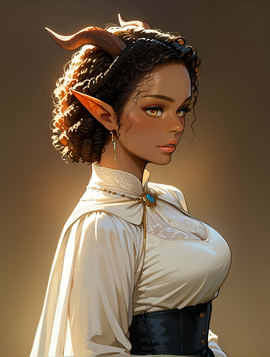 score_9, score_8_up, score_7_up, 1girl, solo, cowboy shot, from side, blush, intimate portrait, beautiful noble girl, black hair, short hair, curly hair, orange eyes, fantasy renaissance, medieval realistic, victorian dress, parted lips, dark elf, large breasts, red and black, cape, dragon horns, (dark skin:1.2), detailed setting, reaction frame, sketch, textured background, 
Antique Sketch, <lora:AntiqueSketch:1>, <lora:incase_style_v3_ponyxl_ilff:0.8>