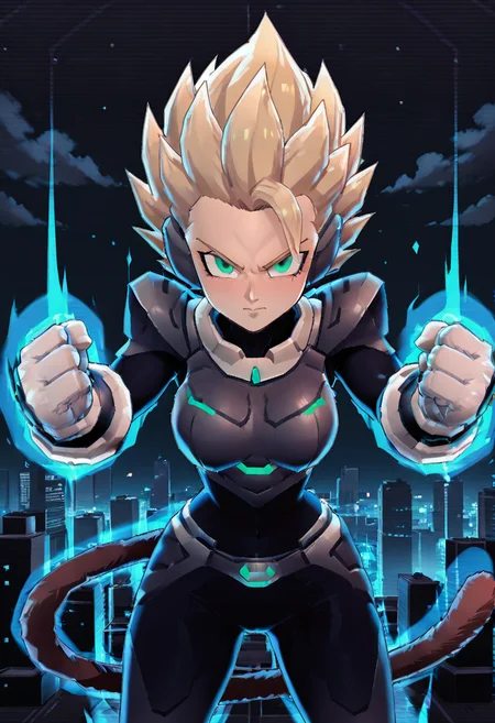 masterpiece, best quality,    (zzCodeV, 1girl, big breasts, wide hips, bodysuit, neon trim, armor, black bodysuit, dynamic pose:1), night, stars, cyberpunk, city,    looking at viewer, leaning forward, incoming attack, fist,   <lora:CodeVSnG_IXL:1.0>,   dbzhyp3AAG, solo, blonde hair, gloves, closed mouth, green eyes, standing, tail, outdoors, sky, day, cloud, white gloves, armor, bodysuit, spiked hair, aura, super saiyan, monkey tail, saiyan armor, , , <lora:DragonballHype_IXL:0.5>,  <lora:IckpotIXL_v1:0.5>,