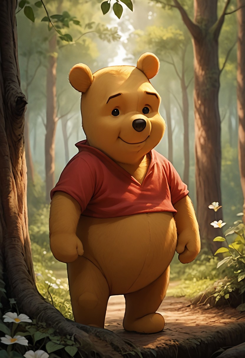 score_9, score_8_up, score_7_up, score_6_up, winniethepooh, solo, red shirt, shirt, 1boy, furry male, bear, short sleeves, black eyes, cute, standing in the forest,  trees, flowers, sunshine, facing viewer, looking at viewer, listening, concerned, friend, close up face, expressive face, caring, photorealistic render