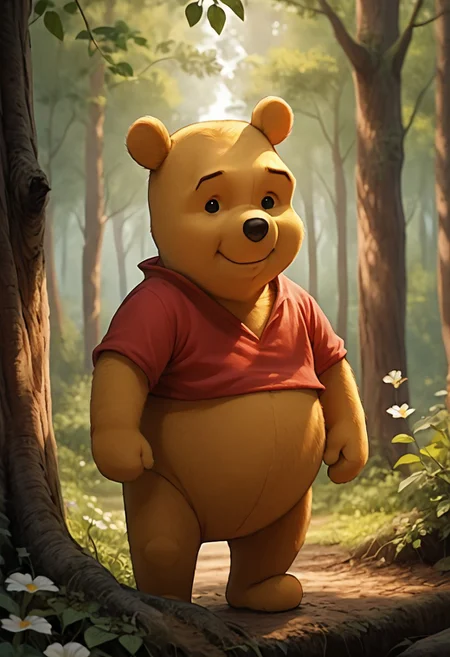 score_9, score_8_up, score_7_up, score_6_up, winniethepooh, solo, red shirt, shirt, 1boy, furry male, bear, short sleeves, black eyes, cute, standing in the forest, trees, flowers, sunshine, facing viewer, looking at viewer, listening, concerned, friend, close up face, expressive face, caring, photorealistic render
