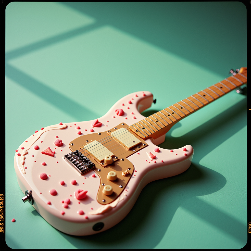 a professional (film grain:1.2) photography of a made entirely out of ice cream GelatoStyle Guitar<lora:GelatoStyleFlux:0.5>
