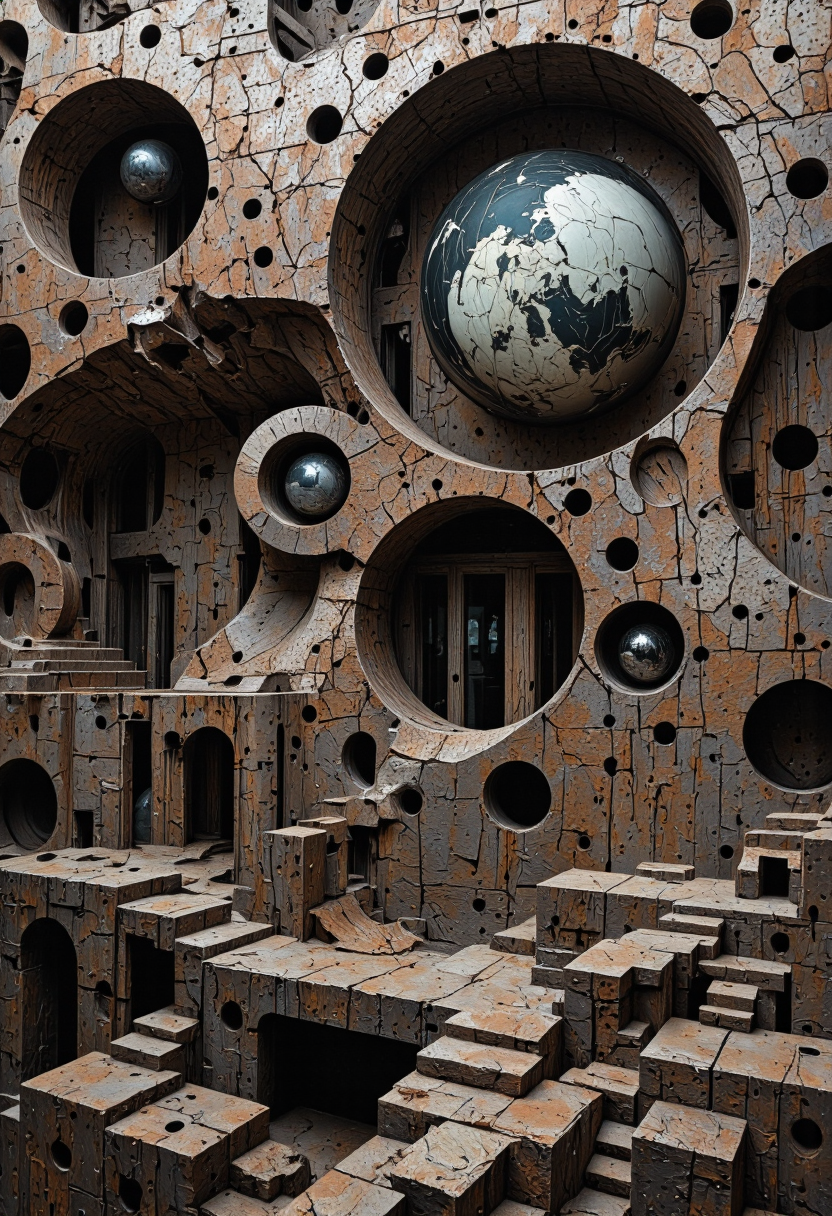 <lora:Pieper-Geometrics-Earthbound:0.8>, Op-Art, abstract, Geometric Shapes, dark mud taxture with sparkling sandy grain shapes becomes more rusty and corrosive over time.,setting on a cliff, where the windows display scenes from another dimension