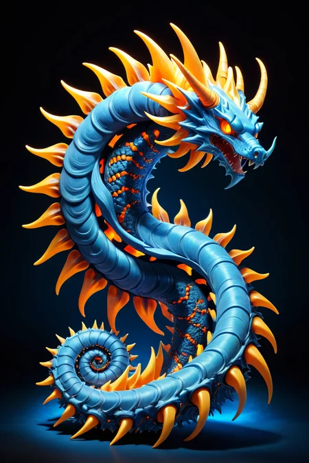 a molten celestial coiled Zmey Gorynych, spines skin, bushy tails,