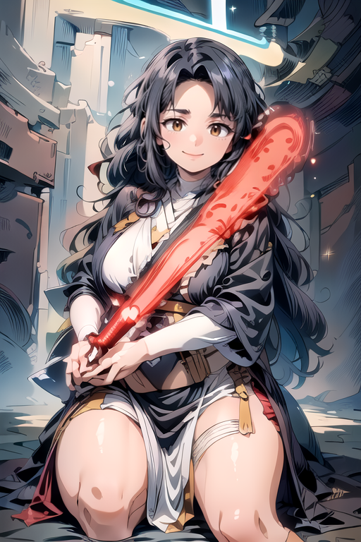 (masterpiece:1.4), high quality, high definition, sharp focus, detailed clothes, detailed body, detailed fingers, anime, best quality, 4k, 8k, absurd resolution, intricate detail, detailed hands, detailed face, animation, illustration, highly detailed, highres, extremely detailed, <lora:hyperdenoiser_v090:0.6>, <lora:hyperrefiner_v090:0.6>, <lora:add_detail:0.3>, seductive smile, (breasts), (parted bangs:1.6), skindentation, <lora:ETO_OC:0.2> ETO-OC, <lora:ETO_OCC006:0.7>, ETO_OCC, (curly hair:1.3), (long hair:1.1), (black hair:1.3), thick eyebrows, pale skin, curvy, (plump), fat, 1girl, (hazel eyes), smiling, looking at viewer, mature female, OverallDetail, Best_QualityPos, nice hands, <lora:perfetfingers:0.6> perfect fingers, BREAK <lora:CONCEPT-JediOutfit:0.5>, JediOutfit, robe, belt, boots, <lora:light_saber_v2:0.5>, (light_saber:1.3),(lightsaber glowing:1.5), (holding lightsaber with right hand), (pointing with index finger of left hand), (Dark Pink lightsaber), star wars, science fiction,