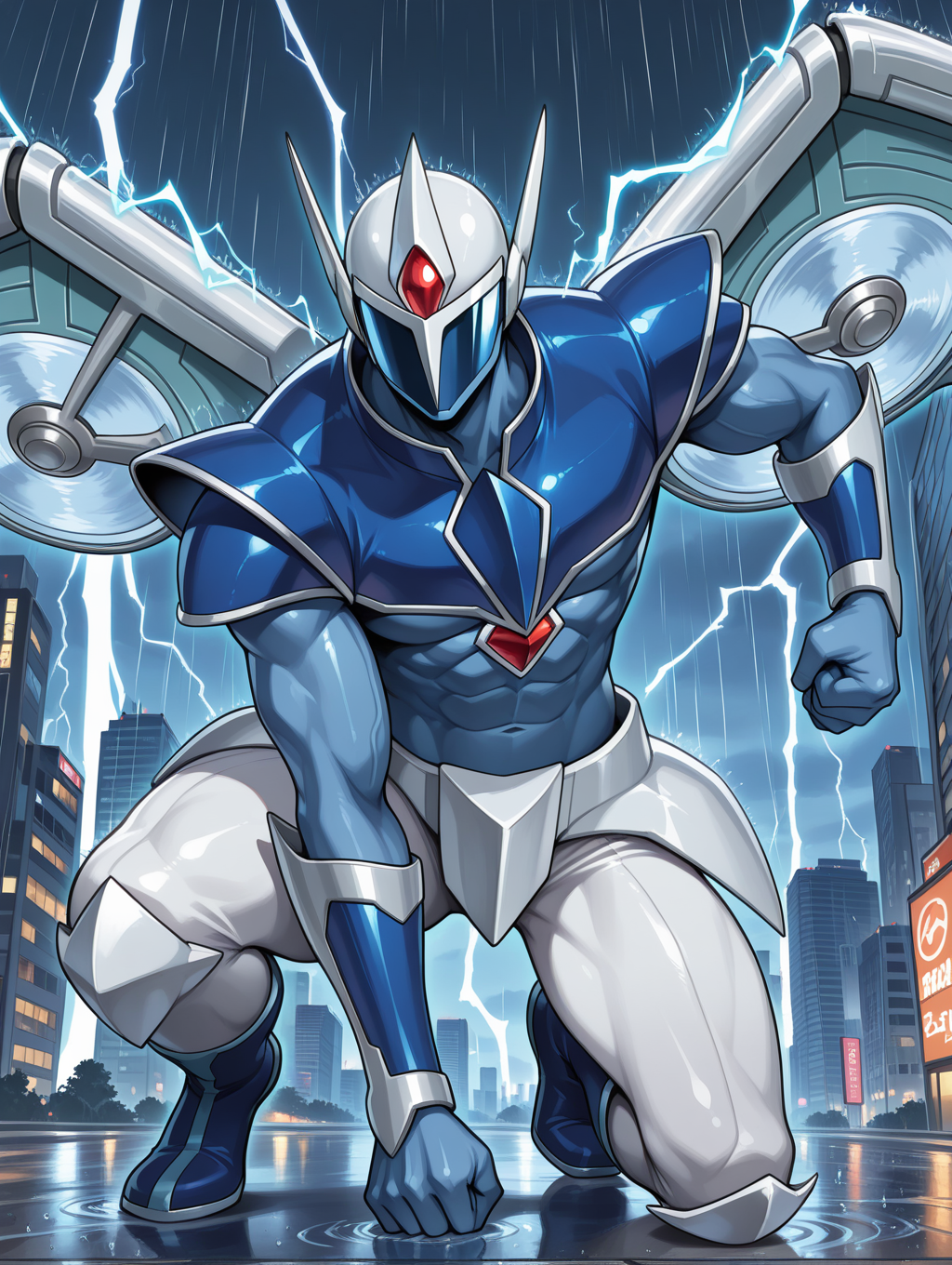1boy,elemental hero stratos,solo,male focus,clenched hand,abs,aerokinesis,looking at viewer,full body,no humans,tokusatsu,muscular male,covered face,white helmet,blue full bodysuit,blue shoulder armor,white mechanical wings,blue vambraces,white pants,blue boots,white armored skirt,flying,superhero landing,oruins,cityscape,on one knee,rain,electricity,lightning,clenched hands,
masterpiece,best quality,amazing quality,very aesthetic,absurdres,newest,<lora:Elemental HERO Stratos illuXL v1:0.73>,