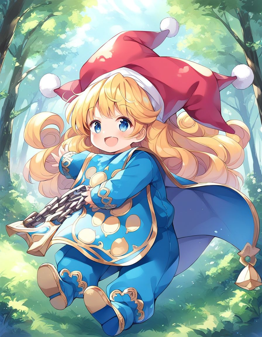 score_9, score_8_up, score_7_up, source_anime, rating_explicit, BREAK  <lora:Charlotte_seiken_densetsu3_XL:1>
Charlotte_seiken, 1girl, blonde hair, solo, hat, forest, 
full body, long hair, blue eyes, open mouth, chain,
curly hair, smile, jester cap, holding, weapon, blue footwear, long sleeves, tabard,
