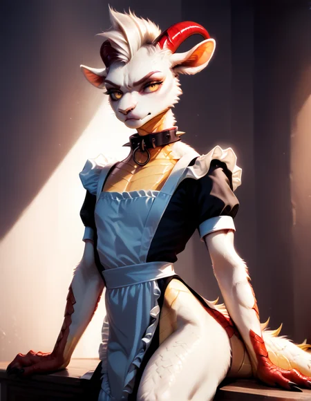 <lora:fkey_pony_v1:1>, <lora:Embril_the_Goat_Dragon:1>, <lora:Furry Enhancer 6.1:0.6>,  <lora:NicolaSamori:1>, <lora:add-detail-xl:1>, <lora:great_lighting:3>, <lora:xl_more_art-full_v1:1>,  score_9, score_8_up, score_8, (source_anime), (arms support on table:1.2), [from side],  BREAK solo, thick thighs, slim waist, wide hips, androgynous, flat chested, very athletic, muscular anthro goat dragon hybrid 1girl, (white body:1.2), (very short mohawk hair:1.2), (smoke from nostrils:0.4), yellow eyes, (looking at you), (muscle tension), (submissive), ((annoyed:1.2)), (blush:0.4), (curved horns, red horns), curved ram horns, (very fluffy fur, white fur, realistic fur:1.2), yellow belly scales, (scaly hands, red hands:1.2), (red scaly dragon tail with spikes up, scales on crotch, scales under tail, red accent scales), claws, ((spiky collar)), talon feet, ((maid)), [unbutton] ((short)) maid apron,  BREAK (in dark dungeon at night), (complimentary colors:1.4), dark theme, low light,  <lora:hand 4:0.4>, <embedding:zPDXL>,  Hand, zPDXL, Embril,