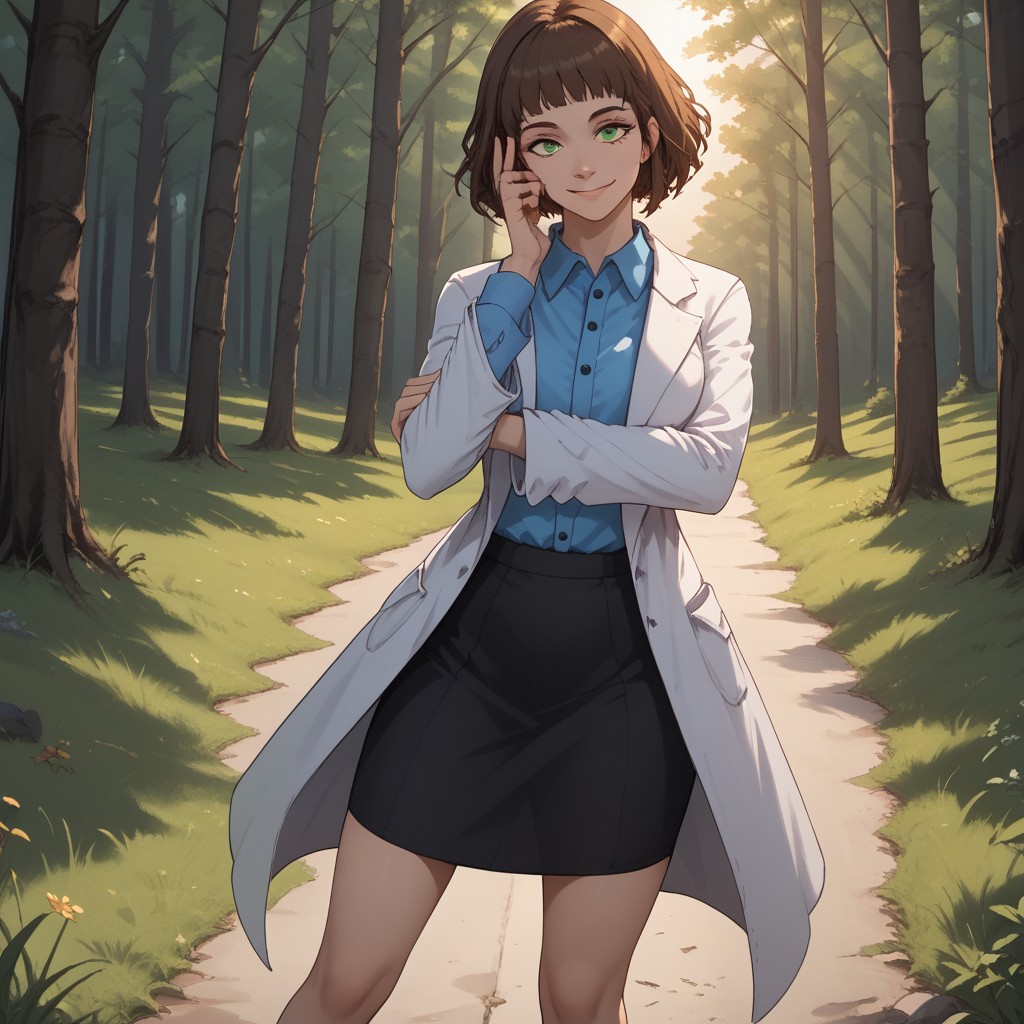 score_9, score_8, BREAK, solo, brown hair, short hair, green eyes, mole under eye, white lab coat, blue collared shirt, black skirt, black heels, Annie Alburton, sexy pose, self portrait, smile, outdoors, sunlight, shadows, evening lighting, natural lighting, forest, trees, grass, orange sky, sunset