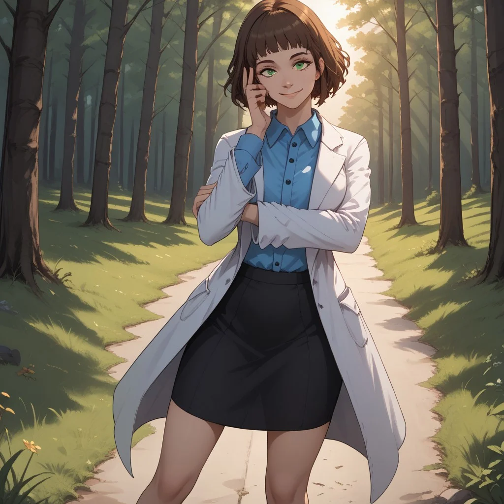 score_9, score_8, BREAK, solo, brown hair, short hair, green eyes, mole under eye, white lab coat, blue collared shirt, black skirt, black heels, Annie Alburton, sexy pose, self portrait, smile, outdoors, sunlight, shadows, evening lighting, natural lighting, forest, trees, grass, orange sky, sunset