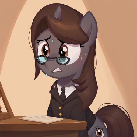 masterpiece, perfect detail, best high quality, source_pony, show accurate, cute, 1girl, solo, female, oc:sonata, glasses, attorney suit, badge on collar, pony, courtroom, defense stand, standing, standing behind desk, front hooves on desk, standing against desk, frown, scenic painting in background, nervous, sad, sweating, gritted teeth, beautiful, looking to side, score_9, score_8_up, score_7_up, score_6_up, score_5_up, score_4_up