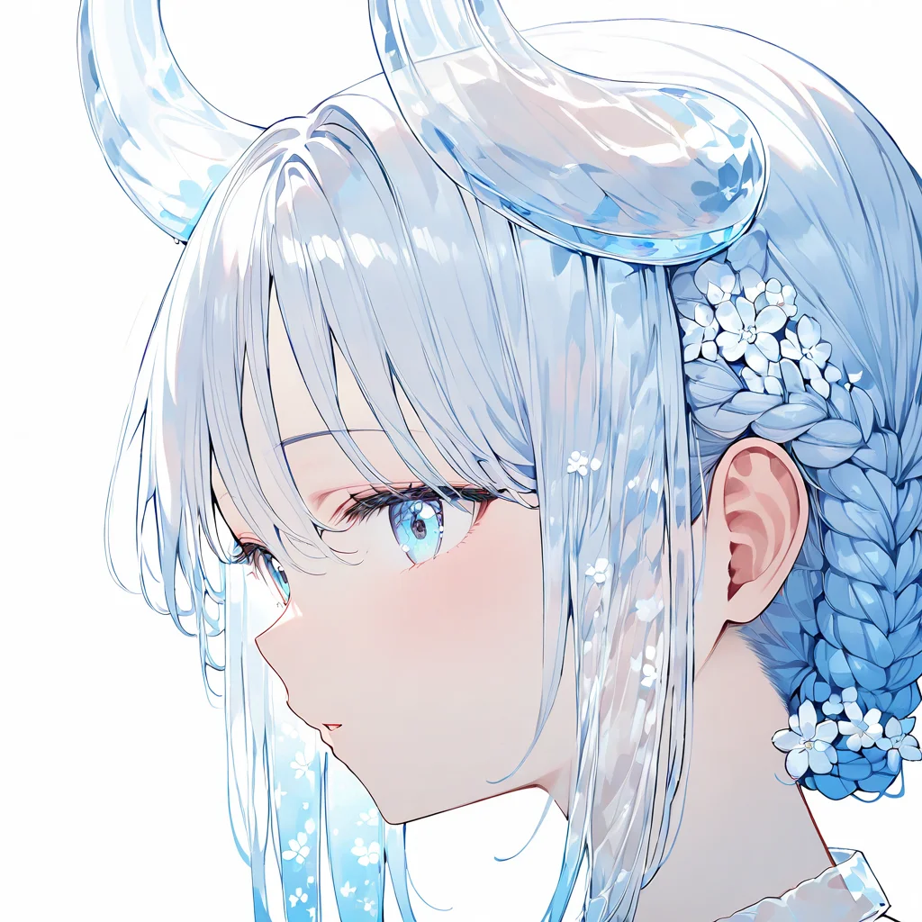 1girl,bangs, blue eyes, blue hair, braid, eyebrows visible through hair, face, flower, hair between eyes, hair flower, hair ornament, long hair, parted lips, portrait, simple background, solo, white background, white flower, <lora:transparent hair-v1:1>