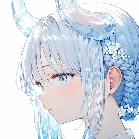 1girl,bangs, blue eyes, blue hair, braid, eyebrows visible through hair, face, flower, hair between eyes, hair flower, hair ornament, long hair, parted lips, portrait, simple background, solo, white background, white flower, <lora:transparent hair-v1:1>