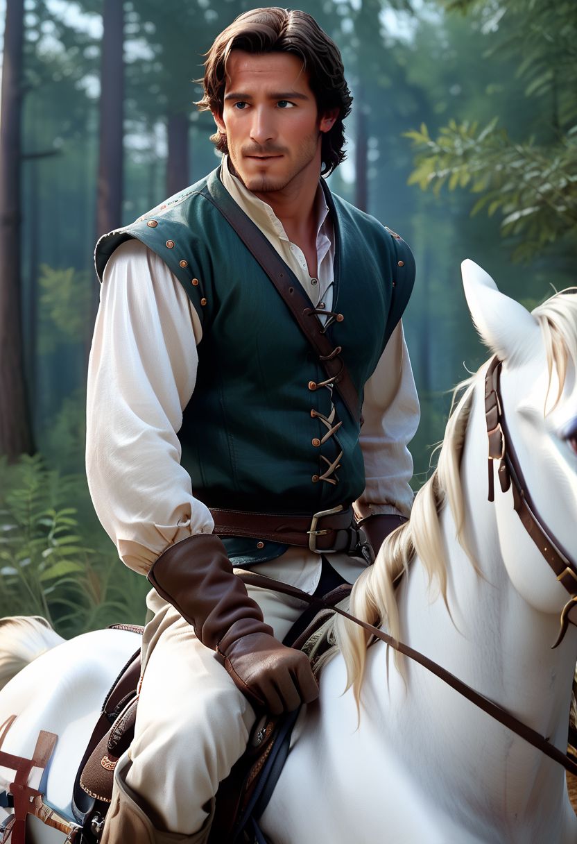 Score_9,  score_8_up,  score_7_up,    FlynnRider, 1man, 21yo, realistic, riding white horse in forest, leather gloves