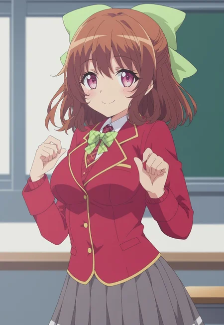 safe_pos, safe_pos, score_9, score_8_up, score_7_up, anime , rating_explicit, anime screencap, anime style, Perfect hands, detailed hair, Perfect fingers,
School, classroom
Solo, solo 1girl, smile,
1girl, green bow, bow, solo, brown hair, medium hair, pink eyes, hair bow, jacket, school uniform, brown hair, red jacket, blazer, plaid bow, green ribbon
((Medium breast)), thick things, thick hips, medium ass, curvy body,
embedding:zPDXL, Expressiveh, <lora:SDXLFaeTastic2400:0.5>, <lora:Expressive_H-000001:0.4>,