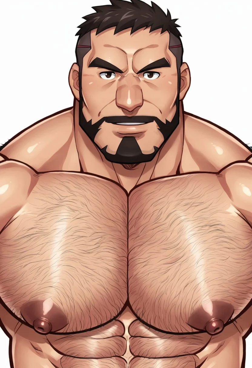growgl, looking at viewer, handsome dad, short hair, simple background, white background, upper body, big pecs, hairy pecs, facial hair, daddies, male focus, male, male muscle, bara
