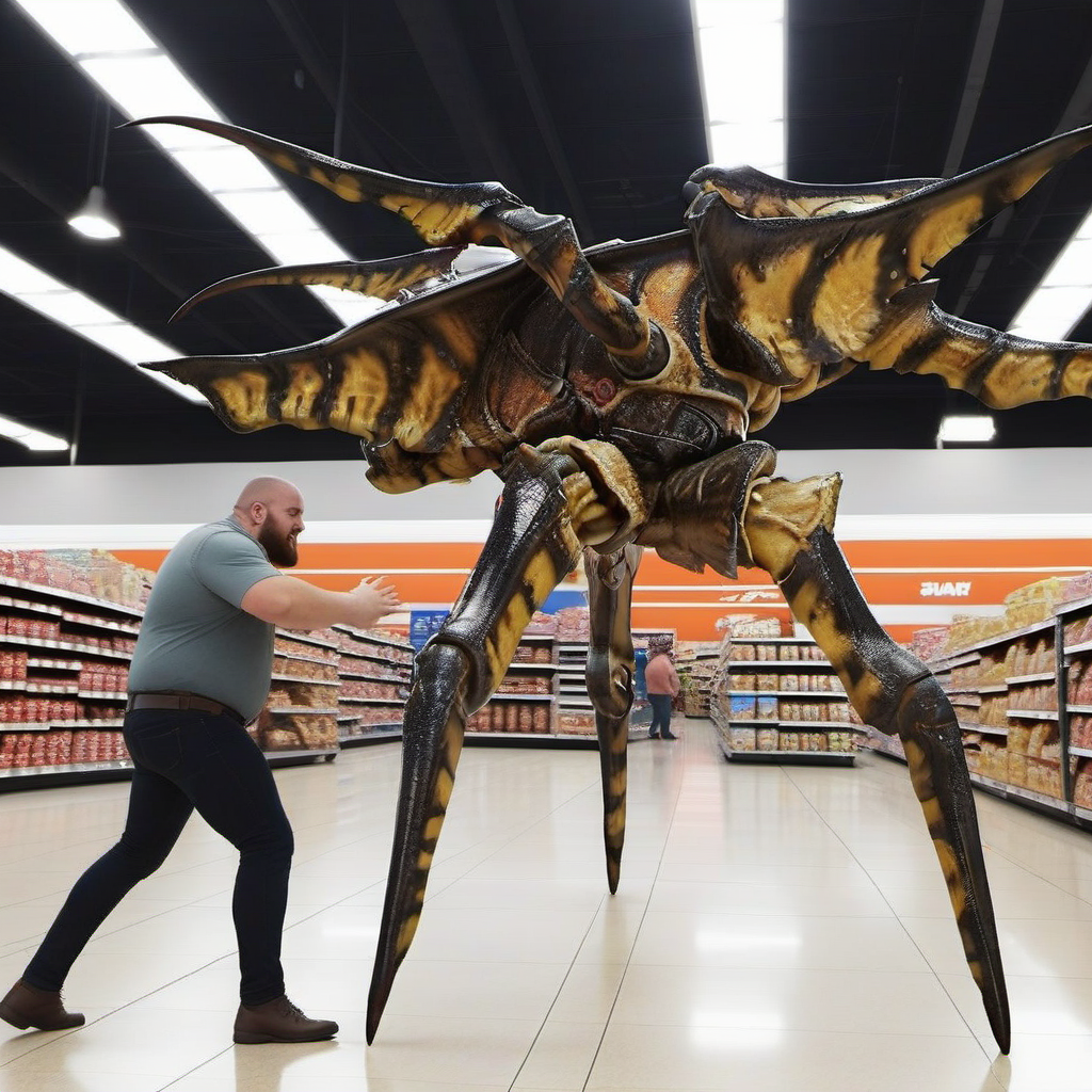 Starshiptrooper1024, a giant bug chasing a fat man in wallmart, full body, features intricate detail, detailed eyes, highly detailed, photography, ultra sharp, film, bokeh, professional, 4k  <lora:Starshiptrooper1024:0.8> <lora:add-detail-xl:2>