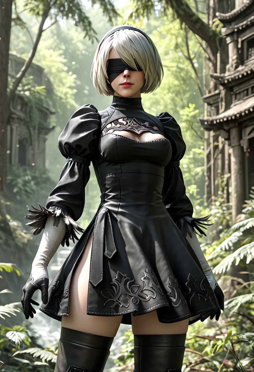 score_9, score_8_up, score_7_up, score_9, score_8_up, score_7_up, 4K, 8K, hd32K, absurdres, detailed closeup anime portrait of 2B, 2BNAXL, blindfold, black blindfold, hairband, white hair, short hair, medium breasts, clothing cutout, cleavage cutout, black dress, puffy sleeves, feather-trimmed sleeves, black gloves, leotard, skirt, black thighhighs, thigh boots, black high heels, BREAK standing in front of a  ruined temple in an overgrown city, ferns and tall trees, perfect hands, detailed face,