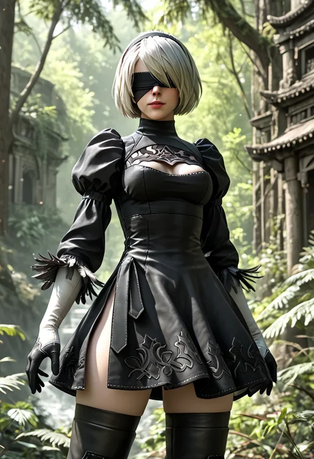 score_9, score_8_up, score_7_up, score_9, score_8_up, score_7_up, 4K, 8K, hd32K, absurdres, detailed closeup anime portrait of 2B, 2BNAXL, blindfold, black blindfold, hairband, white hair, short hair, medium breasts, clothing cutout, cleavage cutout, black dress, puffy sleeves, feather-trimmed sleeves, black gloves, leotard, skirt, black thighhighs, thigh boots, black high heels, BREAK standing in front of a ruined temple in an overgrown city, ferns and tall trees, perfect hands, detailed face,
