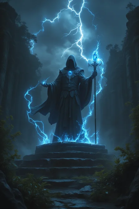 Abstract Lighting Effects, Hyperrealism, Midjourney Style, Photorealism, Cinematic, High Fidelity, Realism, Light Play,
cinematic film still Create a powerful fantasy scene featuring an ancient sorcerer. The sorcerer, draped in long, flowing robes adorned with arcane symbols, stands atop a stone platform in the middle of a mystical ruin. They hold a staff topped with a glowing crystal, casting a powerful spell that creates swirling magical energy around them. The ruins are surrounded by a dark, enchanted forest, with glimpses of strange creatures in the shadows. The sky is dark and stormy, with flashes of lightning illuminating the scene. The composition should exude a sense of ancient power and mystical intensity. photography, Natural geographic photo, Hyper-realistic, 16k resolution, (masterpiece, award winning artwork), many details, extreme detailed, full of details, Wide range of colors, high Dynamic
