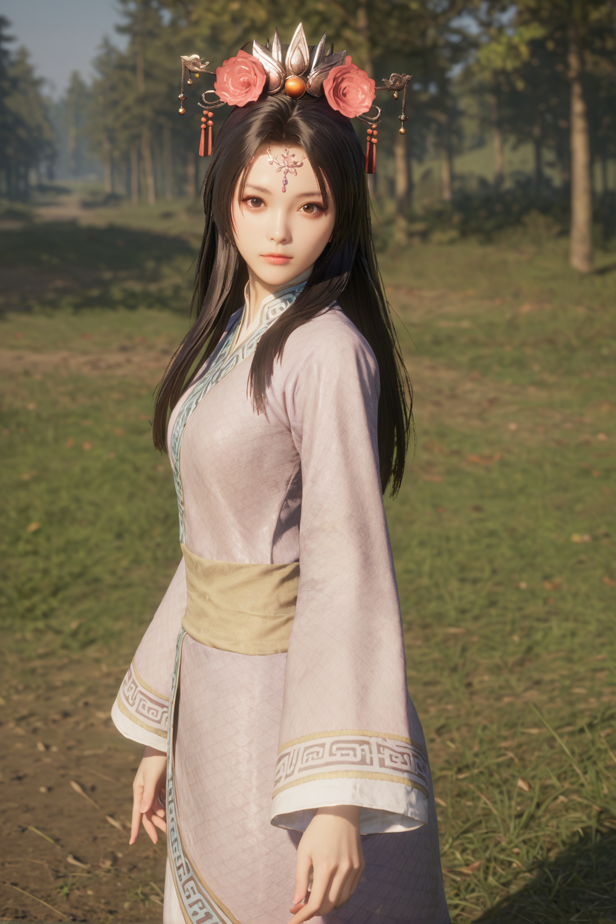 score_9, score_8_up, score_7_up, Pretending to box,<lora:Yu_Meiren_Dynasty_Warriors:0.8> 1girl, solo, black hair, long hair, hair ornament, hair flower, brown eyes, chinese clothes, long sleeves, outdoors, looking at viewer