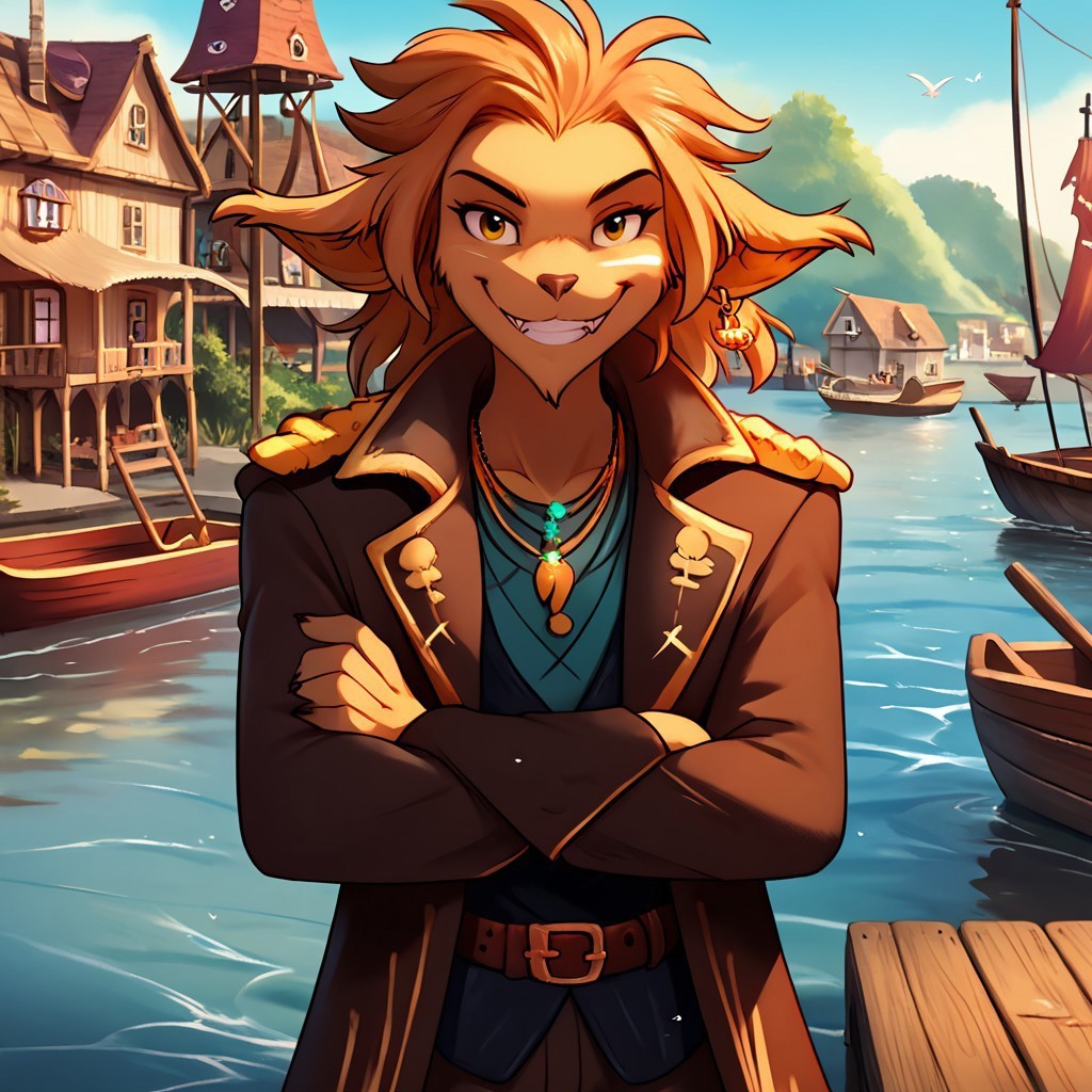 score_9_up, score_8_up, score_7_up, basitin-twokinds, pirate coat, pants, belt, tooth necklace, half-body, half body shot, waist up, crossed arms, looking at viewer, smile, teeth, outdoors, port town, wooden dock, water, boats, birds, coastal town, by meesh