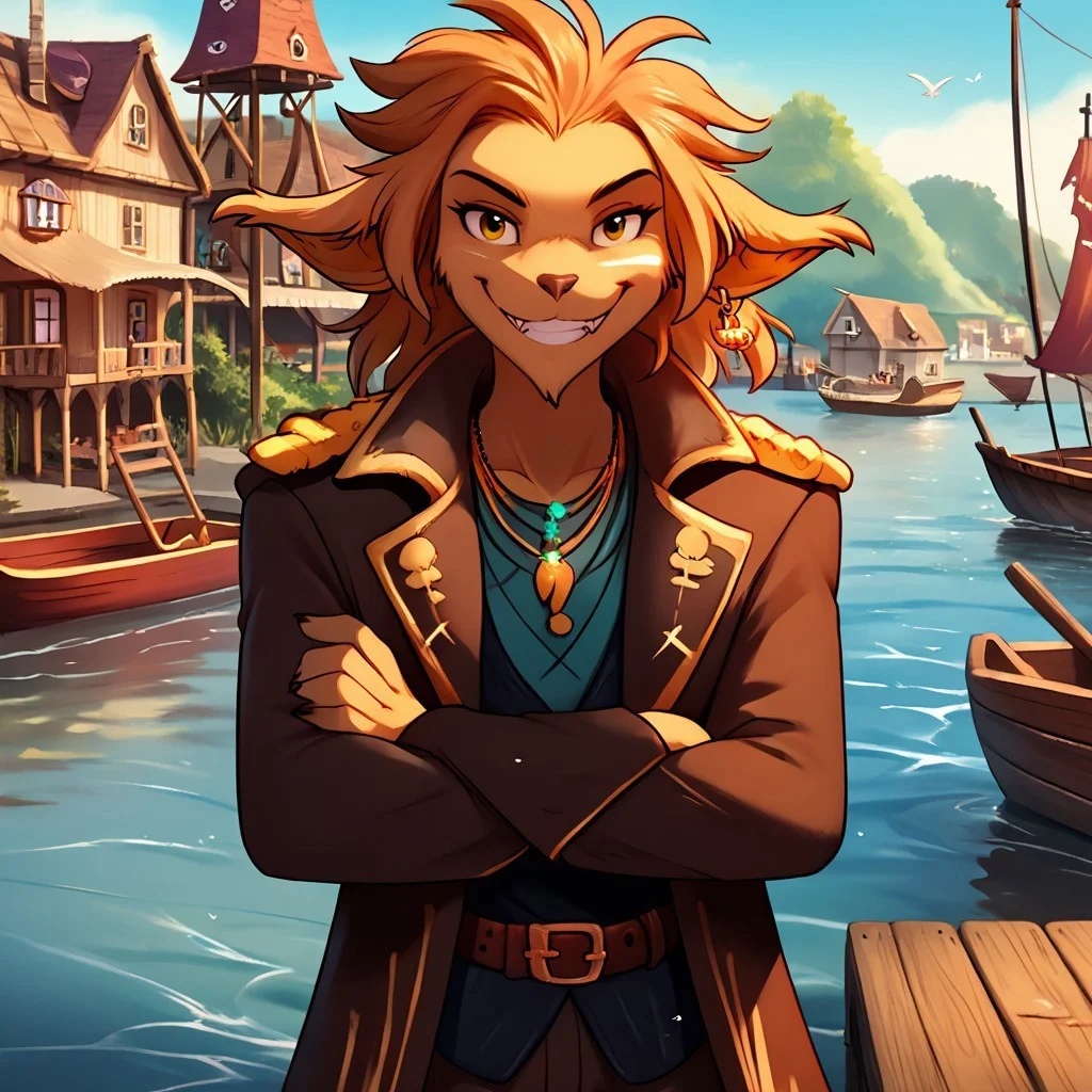 score_9_up, score_8_up, score_7_up, basitin-twokinds, pirate coat, pants, belt, tooth necklace, half-body, half body shot, waist up, crossed arms, looking at viewer, smile, teeth, outdoors, port town, wooden dock, water, boats, birds, coastal town, by meesh