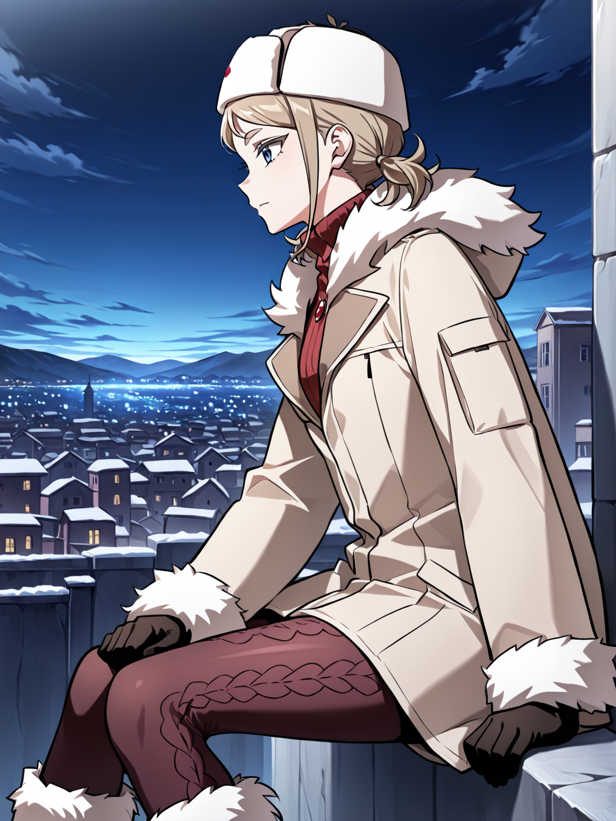 <lora:Omniscient_Readers_Viewpoint__Iris_Vladimirovna_Rebezova:1>
1girl, solo, light brown hair, short twintails, side hair strands, blue eyes, ushanka, 
beige winter coat, fur-trimmed coat, red turtleneck sweater, patterned tights, fur boots, thick gloves, white fur, winter hat, white hat with red gem, long sleeves, layered clothing, 
score_9, score_8_up, score_7_up, score_6_up, source_anime, masterpiece, best quality, absurdres, highres, newest, anime coloring <break>  1girl, solo, sitting, on wall, from side, town, night sky, cloud, snowy city
