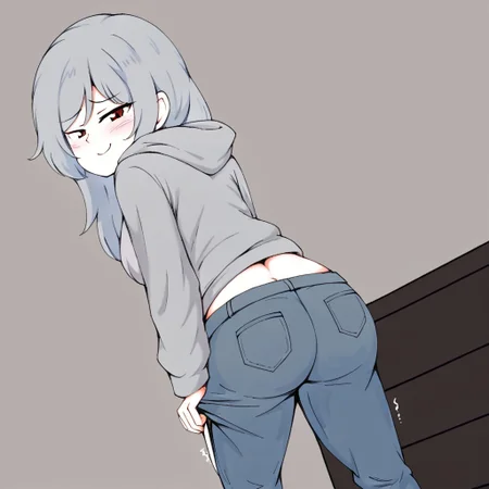1Derpuss, 1girl, solo, long hair, looking at viewer, smile, long sleeves, closed mouth, standing, ass, looking back, indoors, hood, clothes lift, from behind, hoodie, hood down, smug, grey hoodie, jeans, undressing, shirt pull,