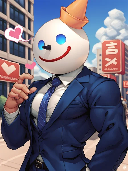 portrait of jack_box man, bara, muscular, cone nose, blue eyes, cone hat, circular head, suit, smiling, outdoors, hearts, <lora:Jack_in_the_Box:.7>, score_9, score_8_up, score_7_up, <lora:add-detail-xl:.8> zPDXL3,