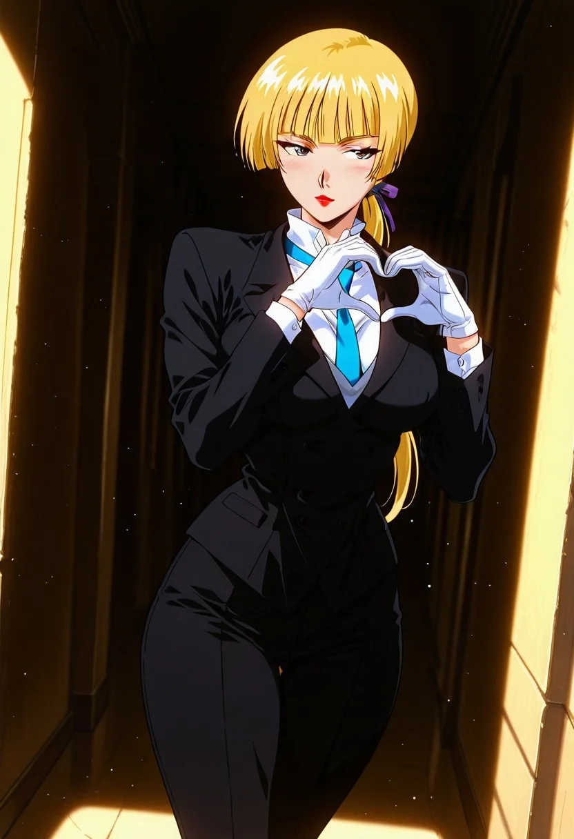 LuluBellDGR, 1girl, solo, blonde hair, long hair, blunt  bangs, ponytail, hair ribbon, sunglasses, lip, red lipstick, formal suit, pant suit, black jacket, white shirt, blue necktie, large breast, white gloves,  black pants, black shoes, thick thighs, high heels,
,seductive pose, sexy pose, tease, 
masterpiece, best quality, fine details, intricate details, depth of field, subsurface scattering, bokeh,
 ultra-detailed, very aesthetic, detailed background, newest, scenery, highres, absurdres, colorful, vibrant, glowing, perfect face, 2d, perfect eyes,  vibrant saturated colors, volumetric lighting, sharp, detailed eyes, perfect anatomy,  perfect face, perfect eyes, mature body, clear eyes, beautiful eyes, athletic, curvy body, athletic girl, perky tits, perfect tits, round breasts, pinup pose, teasing, lustful expression, perfect hands, 
muscular female, dutch angle, 
 heart hands, 
,Smooth Negative, Smooth_Quality,
90s_anime_aesthetic, 1990s (style), retro, retro artstyle