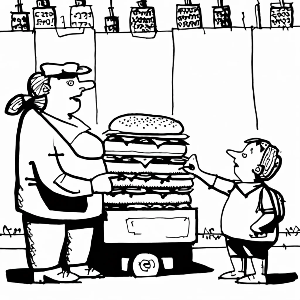 drawix19 a hamburger seller and a fat child<lora:drawix19:1>