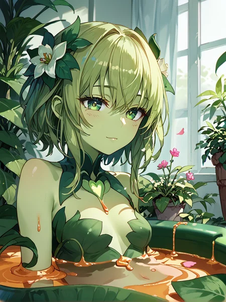 (score_9, score_8_up, score_7_up), (Masterpiece), (expressive eyes), 1girl, alraune, plant girl, (girl inside plant), colored skin, green skin, green hair, petals, plant clothing, honey, partially submerged, close up, standing, <lora:MGE_V5.0:0.9>