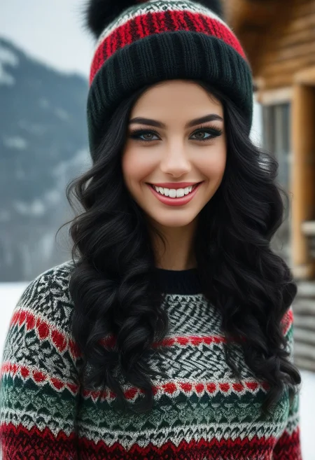 1girl, a small, petite, cute and beautiful Italian girl, dressed in a black and red and white and green sweater, ChristmasSweater, black long hair wild and wavy under an oversized hunting cap with a blue ribbon, outside a hunting lodge, dark eyes with long eyelashes and black eyeliner, big smile, (freckles,moles:0.25), white teeth, perfect teeth perfect hand and fingers,