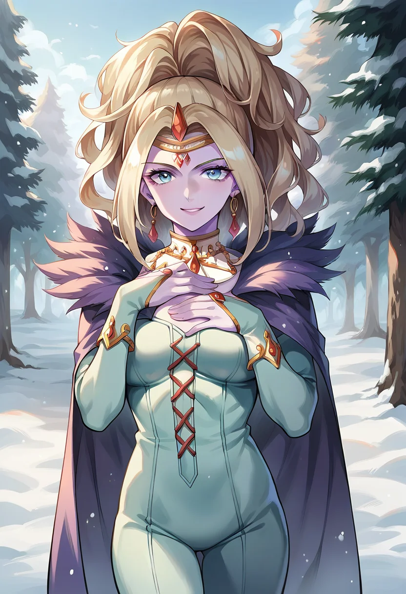 score_9, score_8_up, score_7_up, source_anime, masterpiece, 1girl, ctiankrysta, colored skin, circlet, forehead jewel, earrings, jewelry, bodysuit, cape, looking at viewer, outdoors, snow, winter,  hand on chest,smile,<lora:Krystalinda_pony_ct:0.8>
