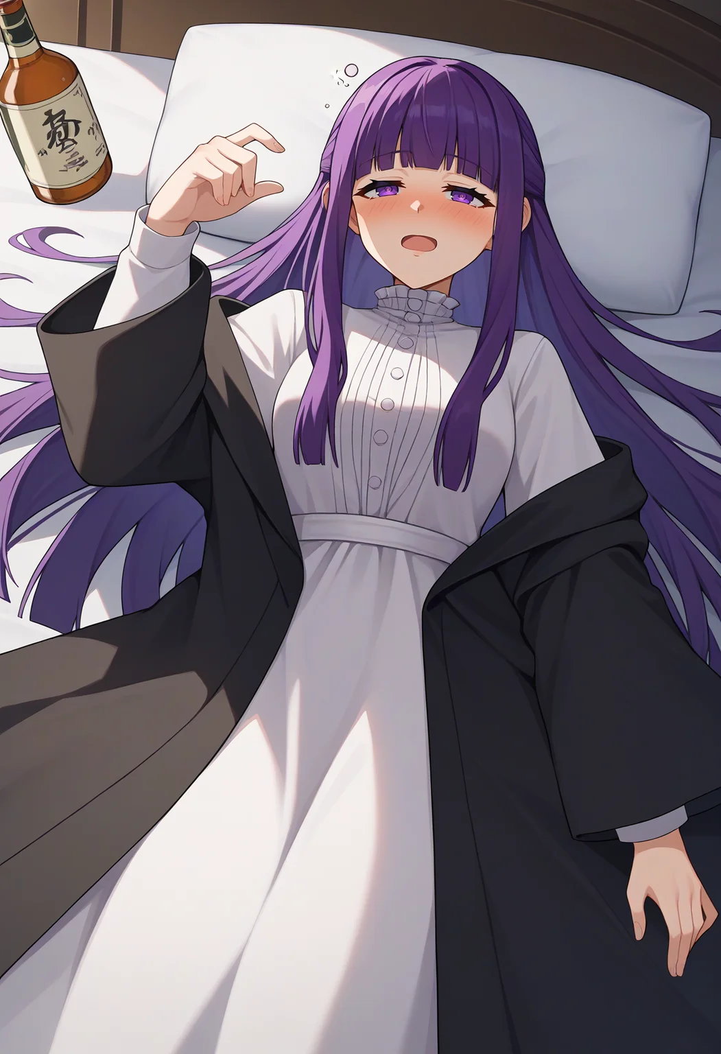 score_9, score_8_up, score_7_up, source_anime, 1girl, fern \(sousou no frieren\), purple hair, long hair, blunt bangs, half updo, open robe, long dress, drunk, three sided view, gothic <lora:brj-fern-pony-v0.5:1>