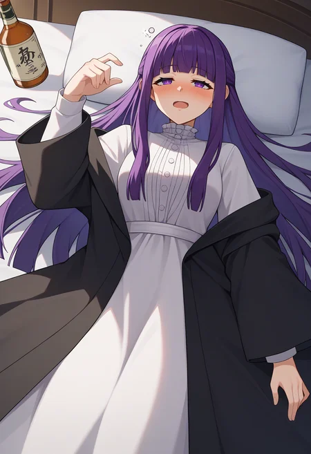 score_9, score_8_up, score_7_up, source_anime, 1girl, fern \(sousou no frieren\), purple hair, long hair, blunt bangs, half updo, open robe, long dress, drunk, three sided view, gothic <lora:brj-fern-pony-v0.5:1>