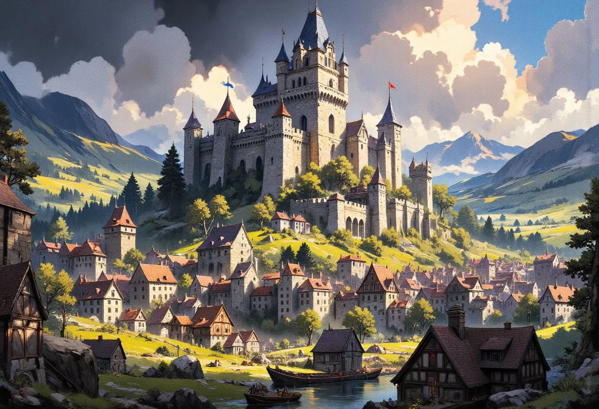 masterpiece, amazing quality, best quality, ultra-detailed, 8K, illustration, newest, absurdres, volumetric light, good quality, best quality, scenery, (dappled sunlight:1.2), rim light, backlit, dramatic shadow, ultra 8k cg, picture-perfect face, flawless, clean, professional artwork, cinematic lighting, cinematic bloom, hut background, early medieval background, humans on background, mw01out, painted world, Painterly, painting, no humans,
Fantasy medieval northern landscape inspired by Hauts-de-France, showcasing fortified medieval towns and imposing castles amid fertile fields, vast plains, and dense forests. Bustling marketplaces and ports filled with merchants, knights, and craftsmen depict vibrant historical cities such as Lille or Amiens, under banners featuring historic heraldry. Atmospheric scenes include gothic cathedrals, cobbled streets, and stormy skies enhancing the northern ambiance. Illustrated with dynamic, painterly brushstrokes evocative of Guild Wars 2 concept art, emphasizing dramatic lighting, moody colors, immersive textures, and cinematic composition. High-quality digital illustration.