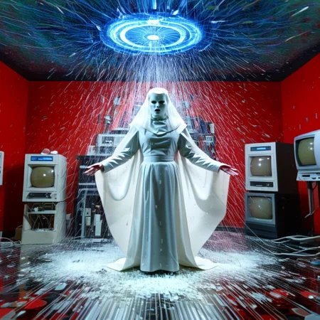 red room light particles vescica piscis cloaked figure side on in mid air and eggs holy mountain style colour terminator machinery breaking out of and flexing reflective television broadcast colors bouncing off surfaces, faces on the floor and in the ceiling, ghosts swirling, psychedelic chaos high quality circuit boards with wet looking high definition brains in a wet raining factory 1980s tv test pattern mirrored prisms low exposure light the magician tarot card upscaled high resolution diffused light on subjects high definition 16k very sharp super chaotic scenes , super wet and glistening with