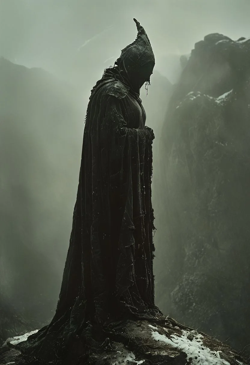 partially covered in shadow, style of Guido Argentini, Capture a stunning Closeup of an Solid enforced midsummer witch upon a hill, from a translucent amber mushroom in an eerie snowy Mountain beautiful Nature snow tomb, feudal shinobi armored Spirit wearing hooded Linen cape designed By Studio ghibli, masked with a Bright translucent seastone Mask inspired By HR Giger and Franco Fontana, very detailed and vibrant outworn but colorful, She is wearing armor entirely Made of electrical wires, both high voltage and eerie blueish glowing, The cables and wires are meticulously laid over her arms and limbs, securely fastened with ancient leather straps. , wielding colorful two-toned giant sword,
very detailed, Shot in UHD