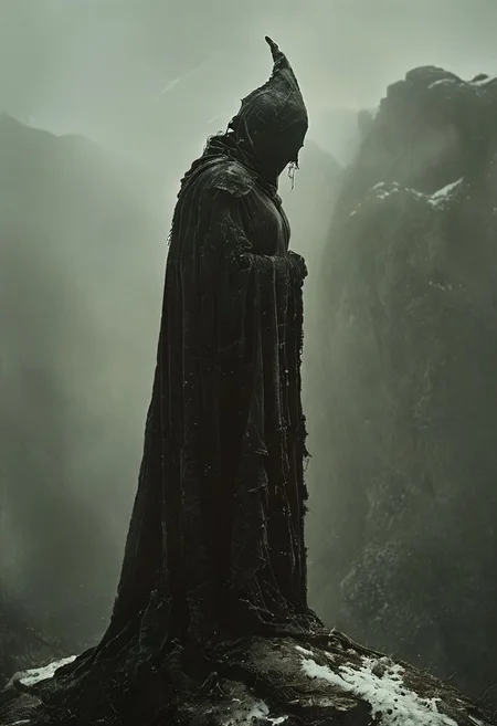 partially covered in shadow, style of Guido Argentini, Capture a stunning Closeup of an Solid enforced midsummer witch upon a hill, from a translucent amber mushroom in an eerie snowy Mountain beautiful Nature snow tomb, feudal shinobi armored Spirit wearing hooded Linen cape designed By Studio ghibli, masked with a Bright translucent seastone Mask inspired By HR Giger and Franco Fontana, very detailed and vibrant outworn but colorful, She is wearing armor entirely Made of electrical wires, both high voltage and eerie blueish glowing, The cables and wires are meticulously laid over her arms and limbs, securely fastened with ancient leather straps. , wielding colorful two-toned giant sword,
very detailed, Shot in UHD