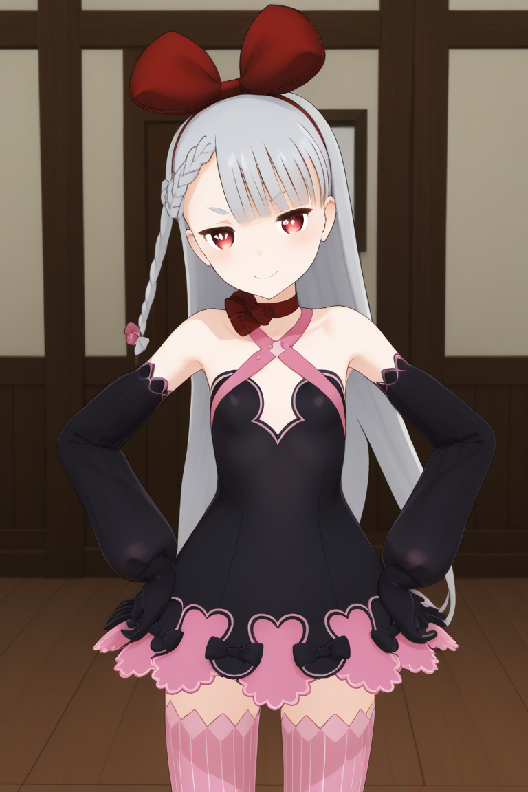 1girl, solo, axiasolidnnd, alternate_colors, grey hair, long hair, red eyes, symbol-shaped pupils, red bow, hair bow, hairband, red choker, black dress, criss-cross halter, detached sleeves, black gloves, pink thighhighs, vertical-striped thighhighs, indoors, hands on hips, half-closed eyes, smile, smug, cowboy shot