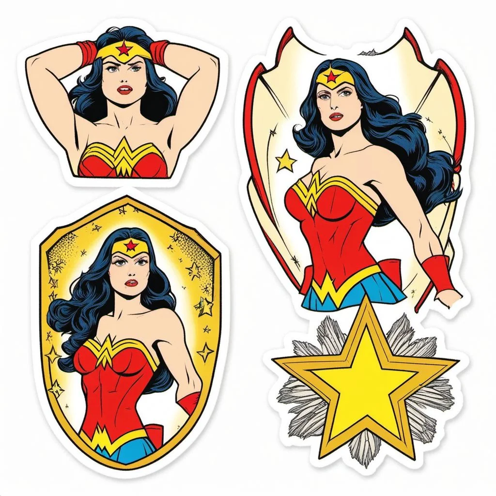 Wonderwoman StickerSheet <lora:SDXL-StickerSheet-Lora:1>, Very detailed, clean, high quality, sharp image, Saturno Butto